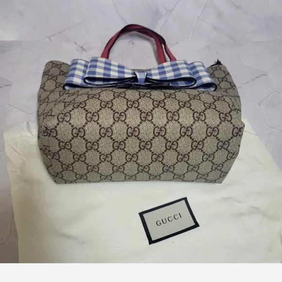 Gucci Brown and Blue Gingham Bow Tote - Picture 3 of 5